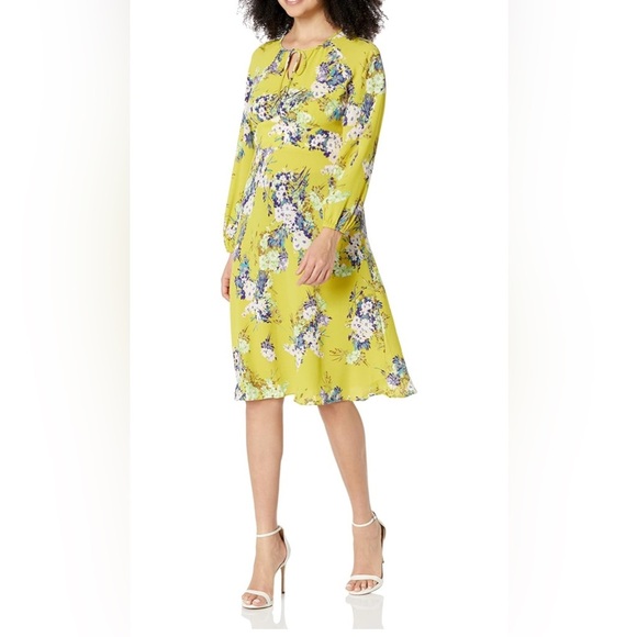 London Times Long Sleeve Tie Keyhole Midi Dress Size 4 New Yellow Floral - Picture 1 of 10